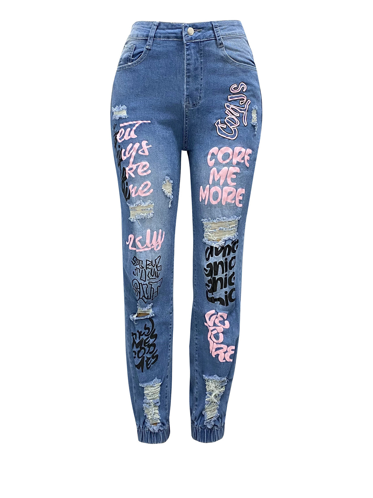 Fashion Letter Print Ripped Jeans