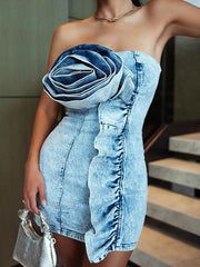 Sexy Flower Strapless Denim Dress