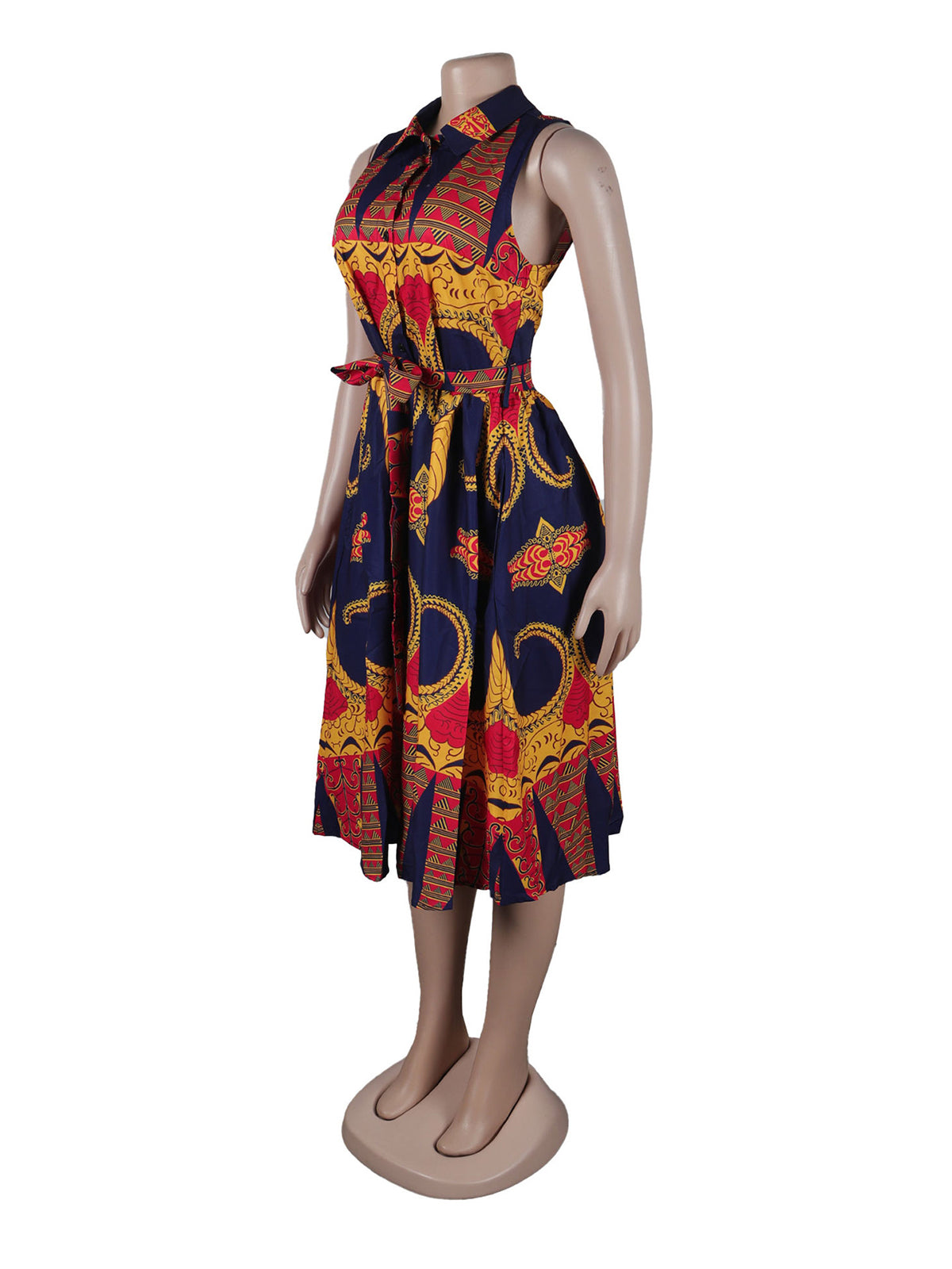 Casual Print Sleeveless Lapel Midi Dress