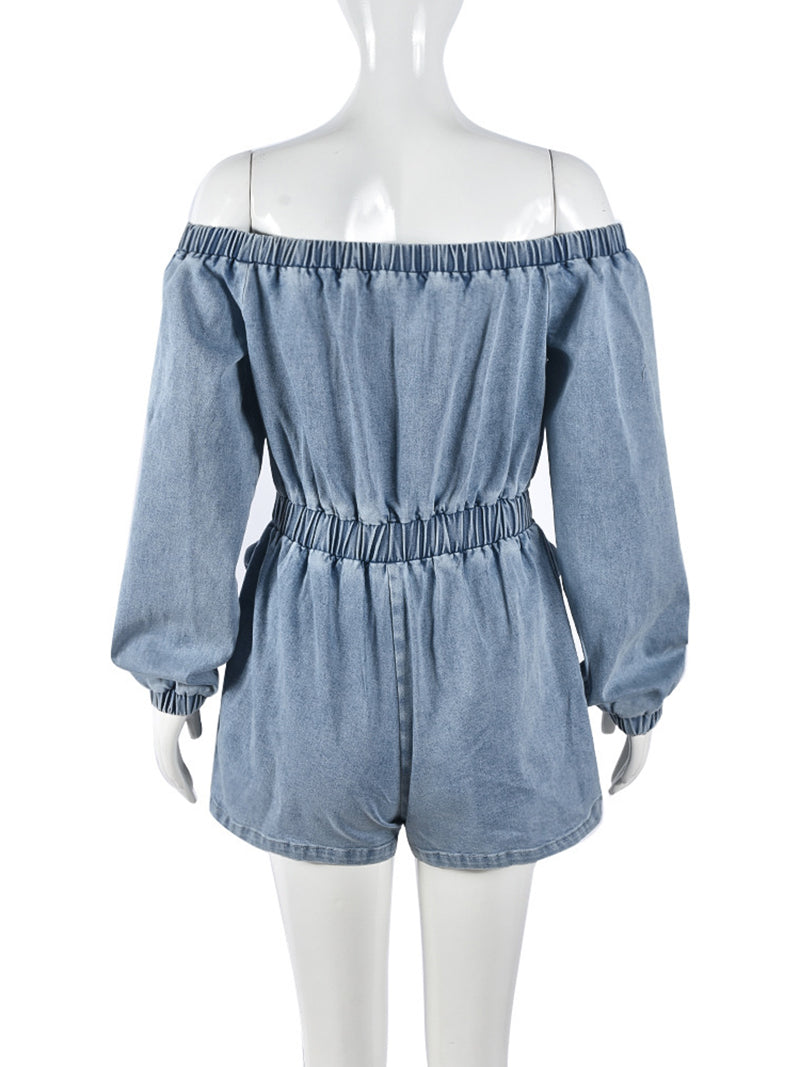 Fashion Off Shoulder Elastic Waist Denim Romper