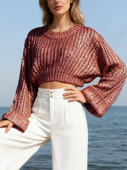 Fashion Round Neck Gold Foiled Knit Cropped Sweater