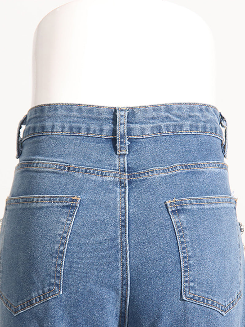 Fashion Mid-Waist Rhinestone Straight Jeans