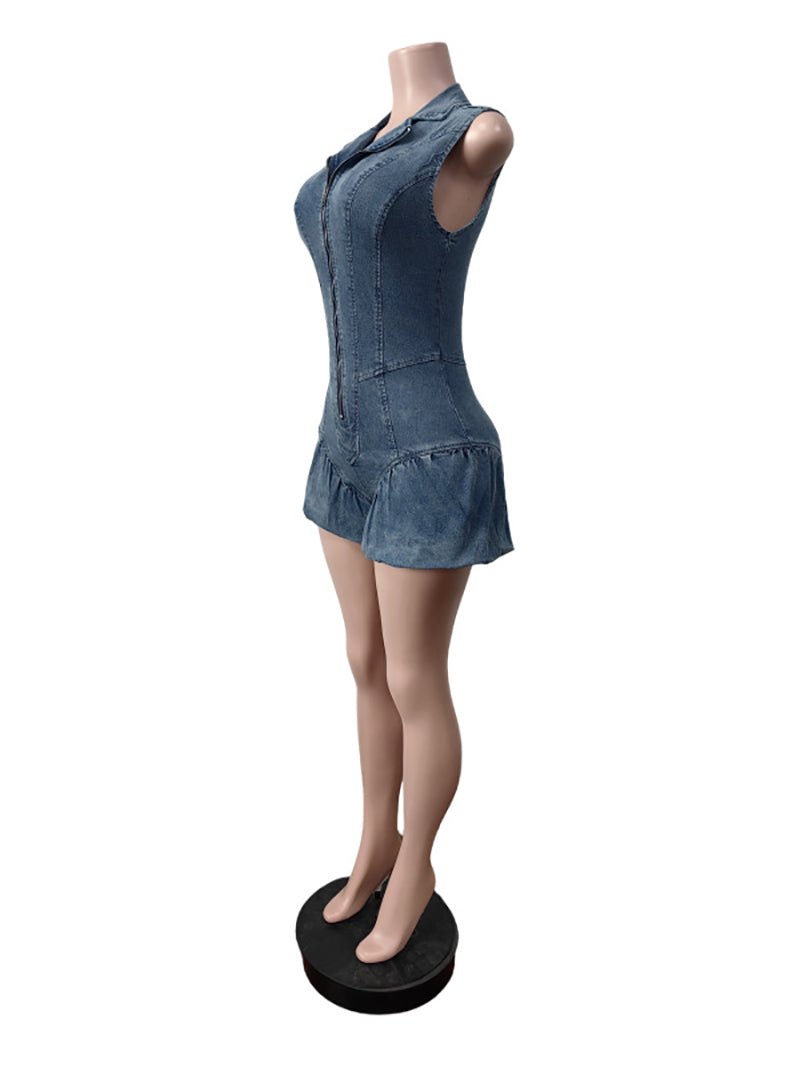 Casual Zipper Sleeveless Denim Romper
