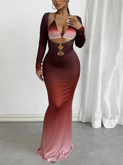 Gradient Metal Ring Backless Maxi Dress Sets