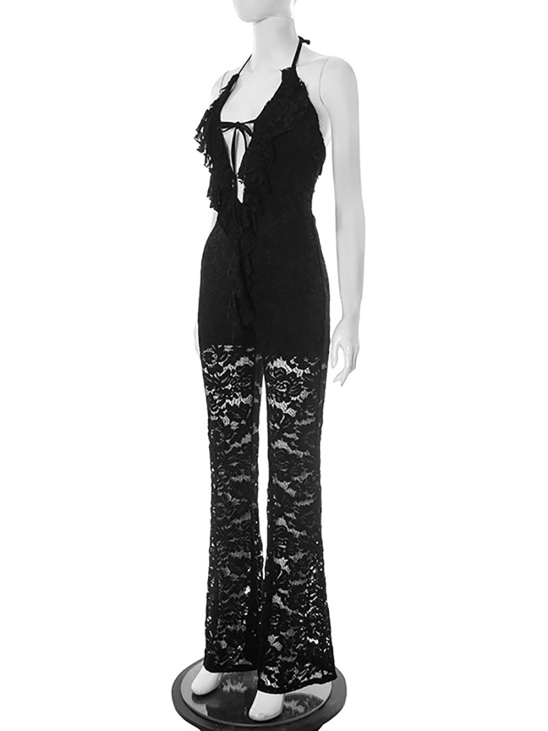 Sexy Halter Ruffle Backless Club Jumpsuits
