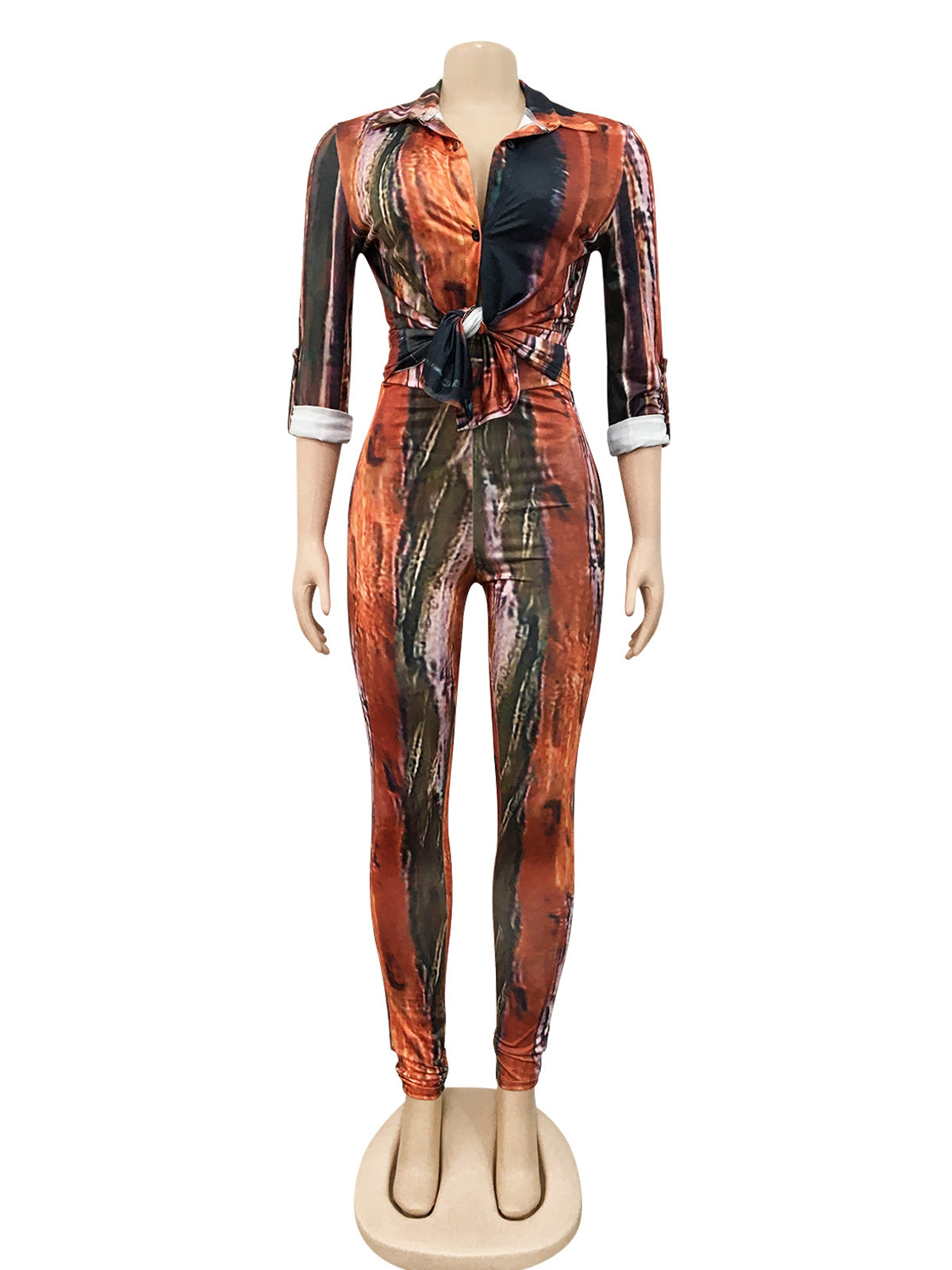 Print Turn-Down Collar Shirt Skinny Pants Two Piece Set