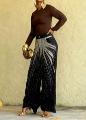 Fashion Radiant Rhinestone Wide-Leg Jeans