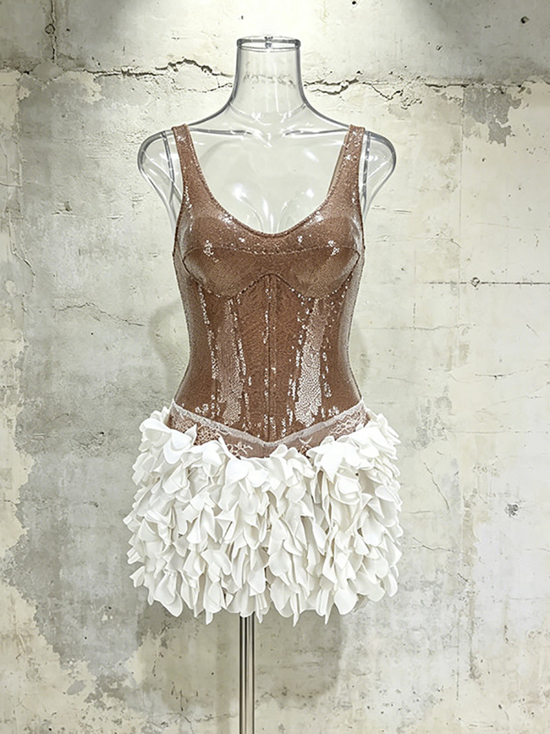 Elegant Sleeveless Sequin Petal Slim Mini Dress