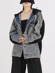 Casual Hooded Denim Patchwork Cardigan Jacket Coat