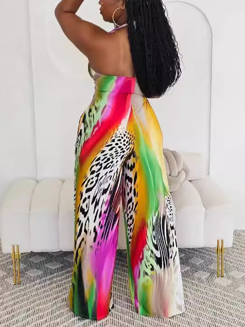 Casual V Neck Print Multicolor One-piece Jumpsuit