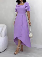 Casual Square Collar Ruffles Sleeve Cinched Waist Dress