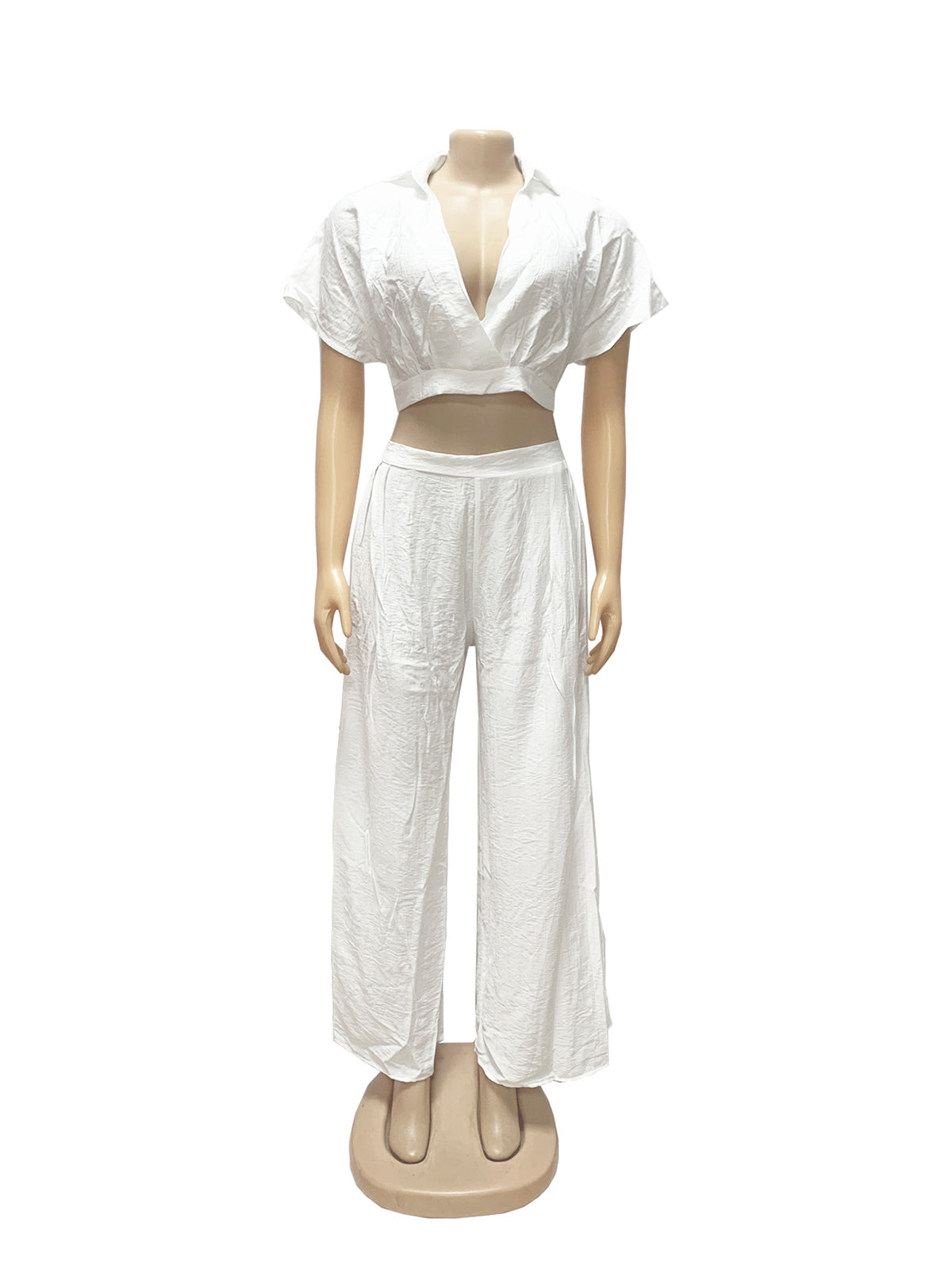 Casual V Neck Crop Top And Wide Leg Pants Set