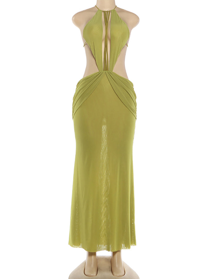 Sexy Halterneck Backless Sheer Mesh Maxi Dress