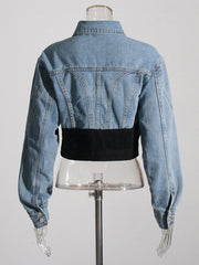 Fashion Cinched Waist Patchwork Denim Crop Jacket