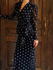 Fashion V Neck Mesh Polka Dot Top Maxi Skirt Set