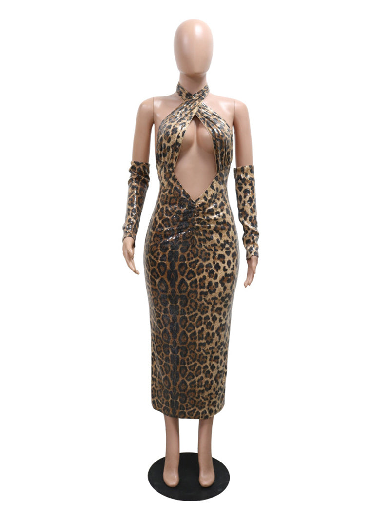 Elegant Leopard Print Halter Maxi Evening Dress