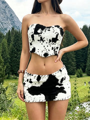 Leopard Faux Fur Tube Top and Mini Skirt Set
