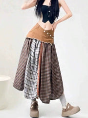 Plaid Panel Denim Midi Skirt