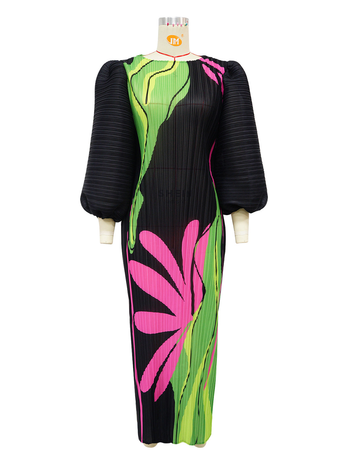 Print Ruched Lantern Sleeve Maxi Dress