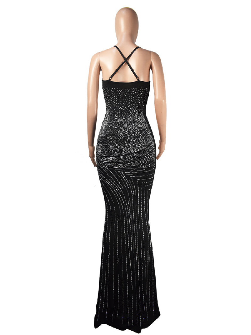 Rhinestone Hollow Bodycon Maxi Dress