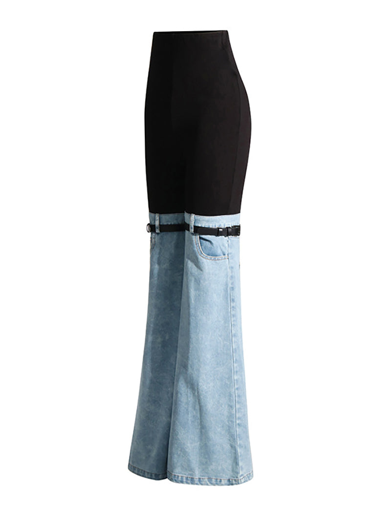 Fashion Denim Patchwork High Waist Bottom Flare Jeans