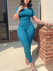 Solid Color T Shirt Tights Pants Sports Two Piece Set