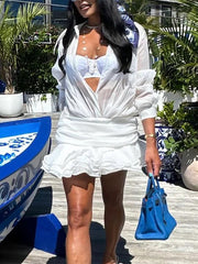 Fashion Sheer Mesh Ruffled Mini Shirt Dress