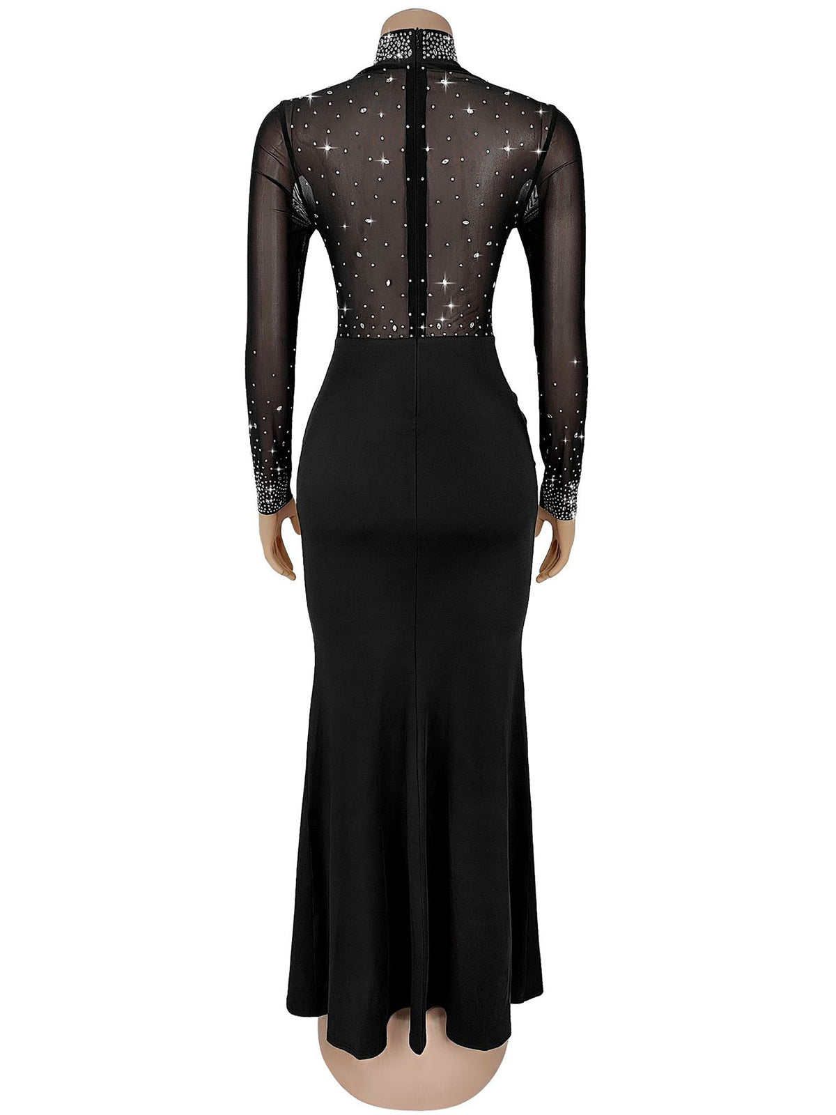 Rhinestone Sheer Mesh Patchwork Split Maxi Dress