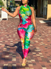 Sexy Print Sleeveless Elastic Slim Jumpsuit