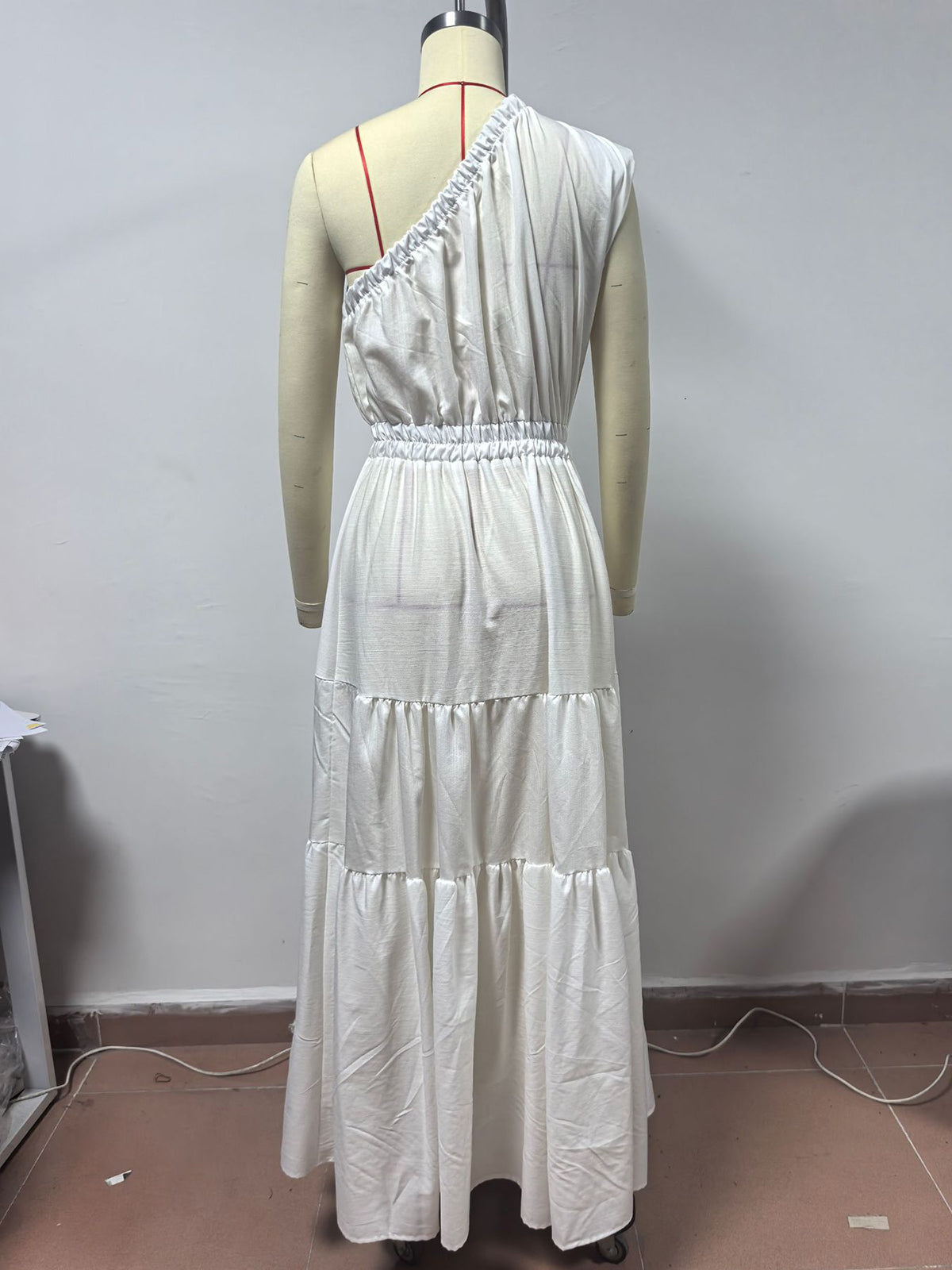 Single Shoulder Cinched Waist Tiered Maxi Dress