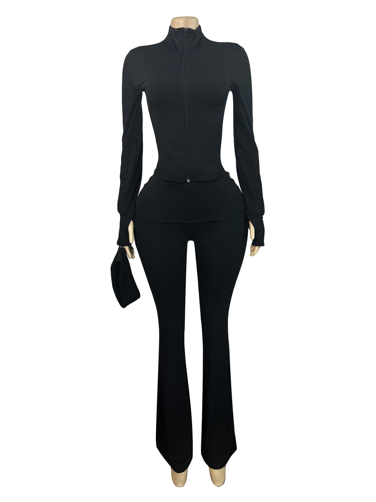 Zip Cardigan Top and Flared Pants Sports Set