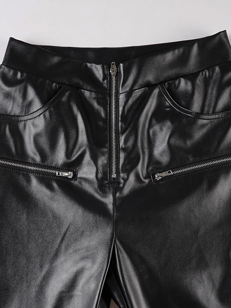 Fashion PU Leather High Waist Elastic Flared Pants