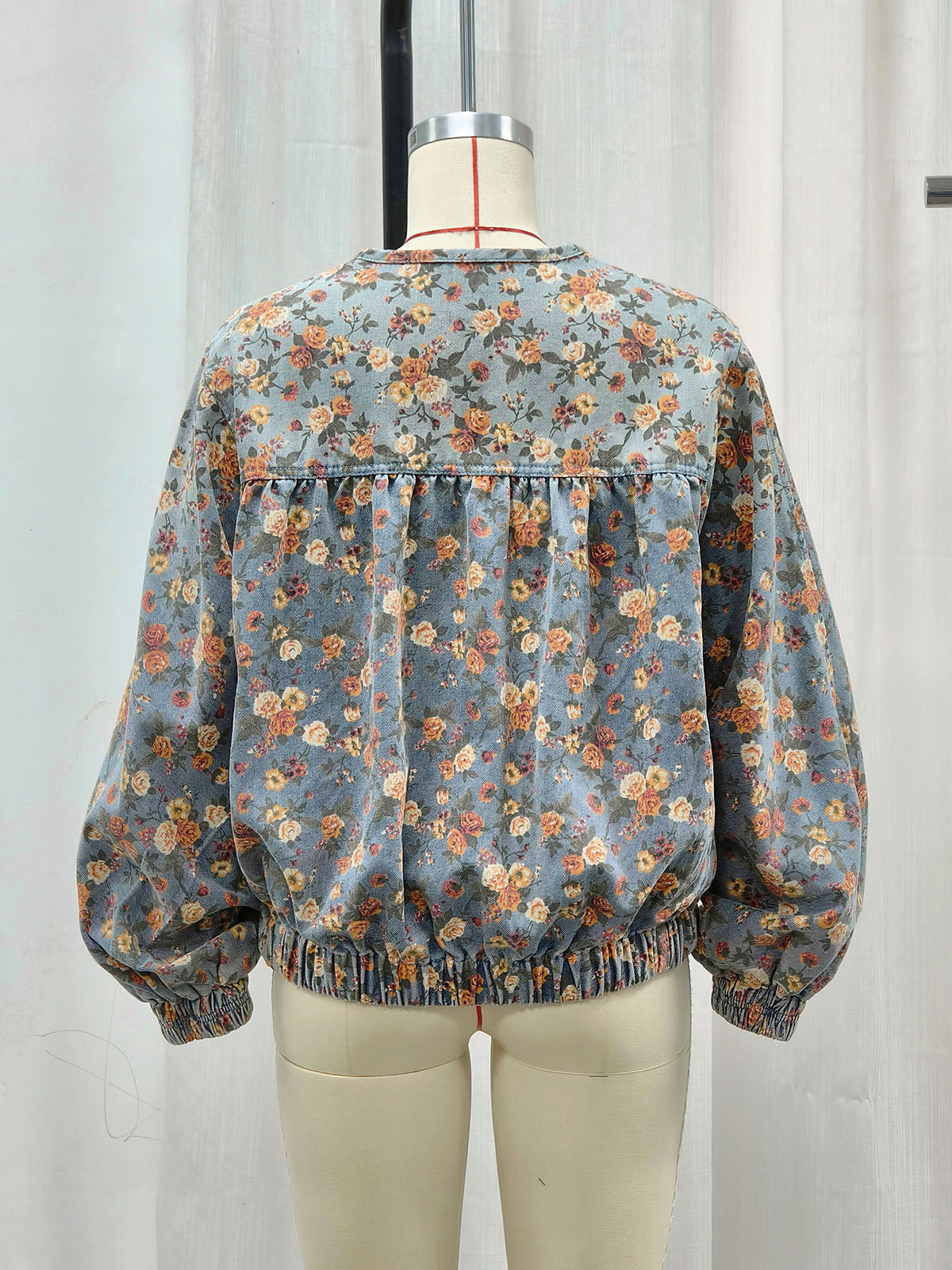 Vintage Round Collar Print Batwing Sleeve Denim Jacket