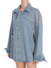 Rhinestone Loose Denim Shirt Coat