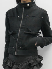 Retro Stand Collar Zipper Pocket Cropped Jacket