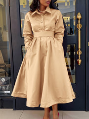 Fashion Lapel Long Sleeve Slim A- line Dress