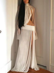 Sexy See-through High-neck Draped Top and Slit Skirt Set