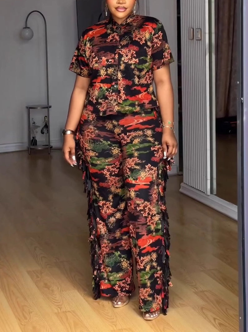 Casual Print Fringe Trim Button Collar Short Sleeve Set