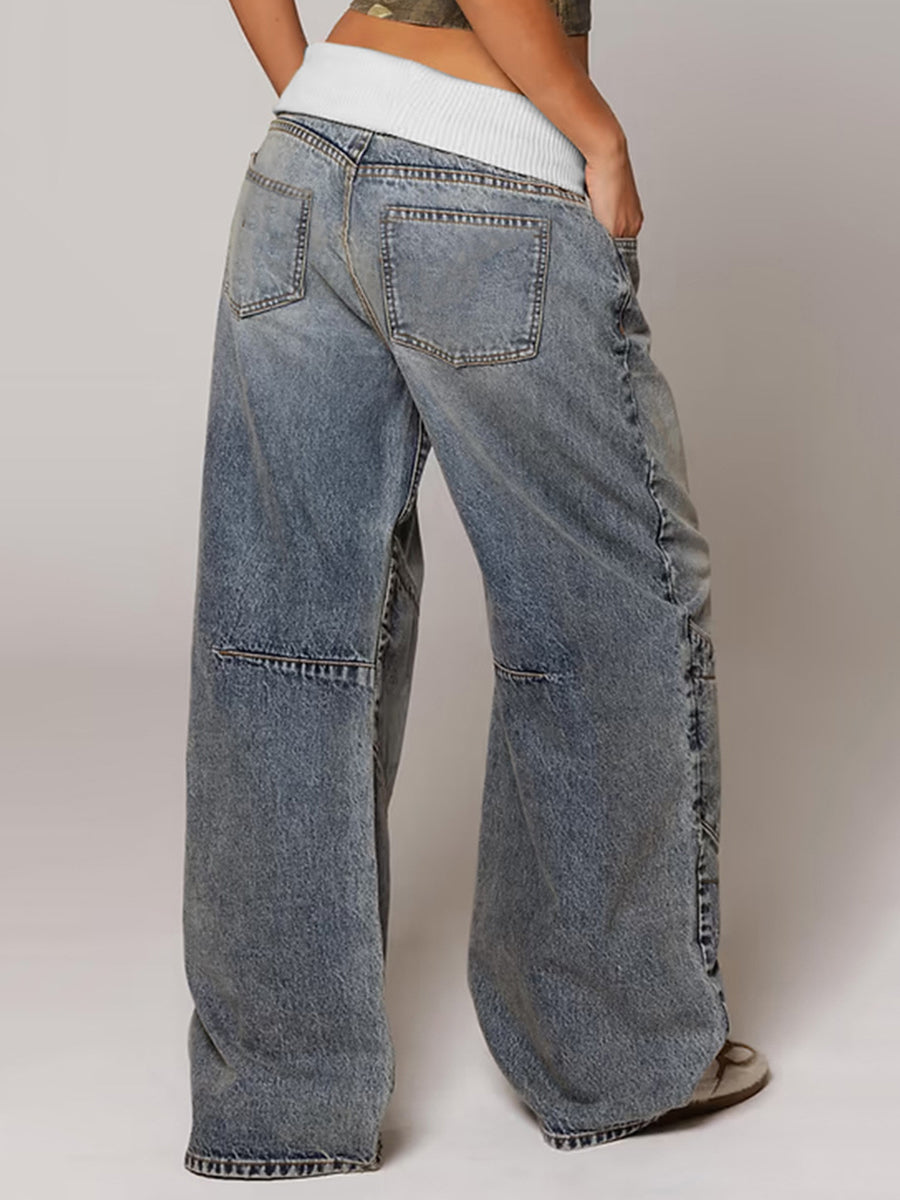Casual Elastic Waist Patchwork Baggy Straight Jeans