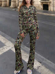 Casual Camo Hooded Cropped Top And Pants Sets