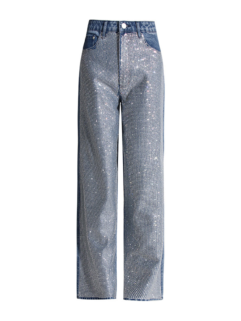 Rhinestone High Waist Straight Jeans