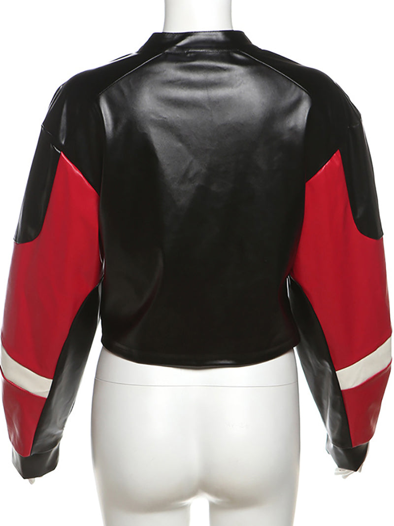 Color Block Faux Leather Zipper Cropped Jacket