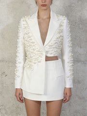 Fashion Pearl Embellished Blazer And Skirt Set