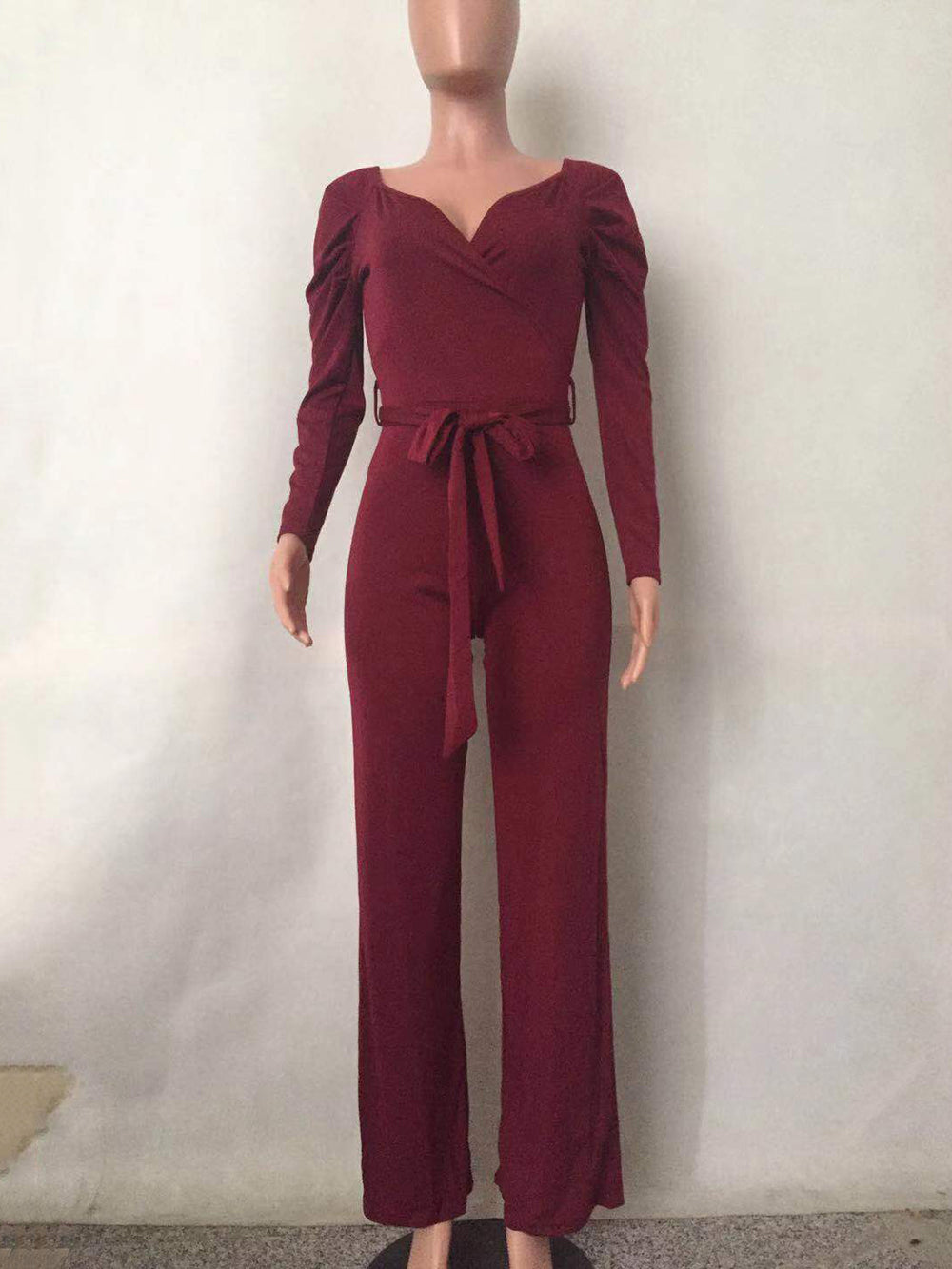 Solid Color V Neck Slim Fit Jumpsuit