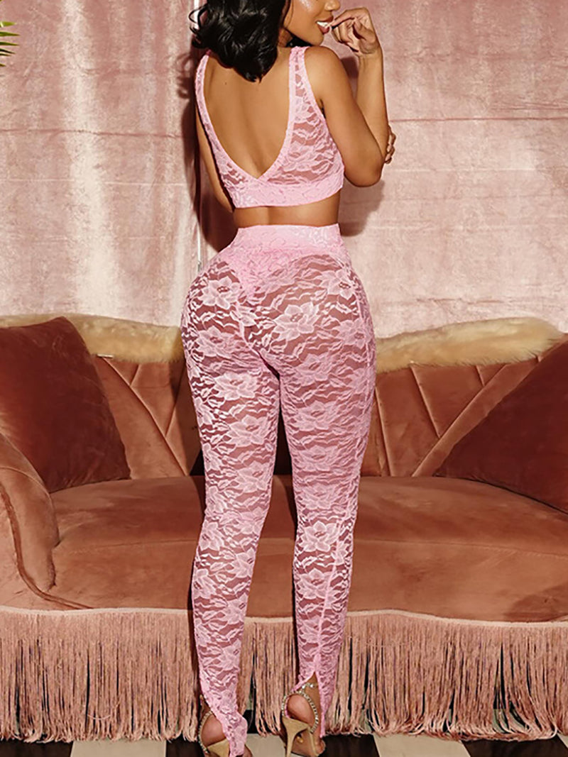 Sexy Lace See through Crop Vest Skinny Pants Set