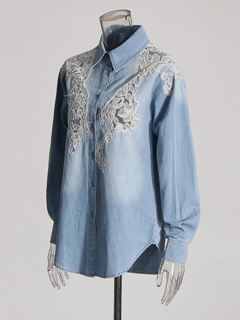 Fashion Denim Lace Denim Shirt -Boutique