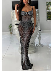 Sexy Rhinestone Sheer Mesh Spaghetti Strap Maxi Dress