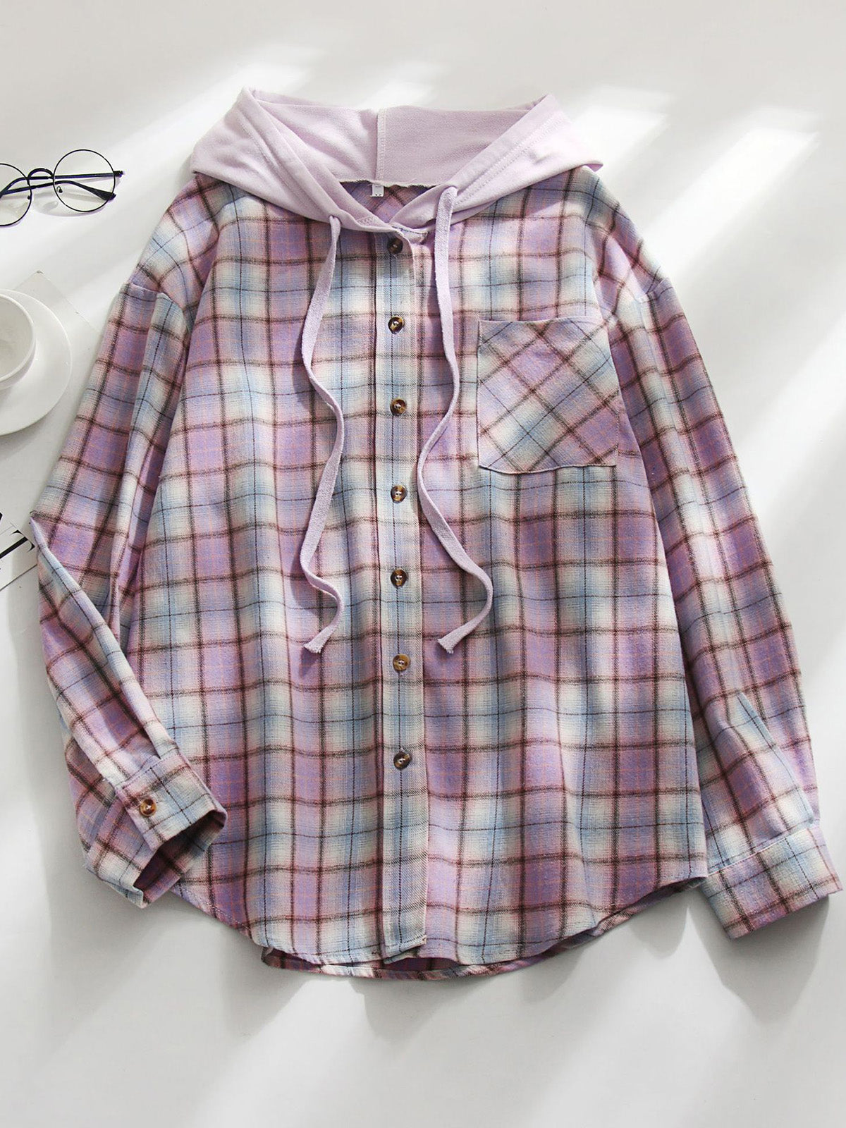 Casual Plaid Hooded Drawstring Button Down Shirt