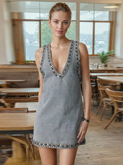 Embellished V Neck Denim Mini Dress-boutique