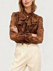 Vintage Mesh Sheer Lace Ruffle Blouse